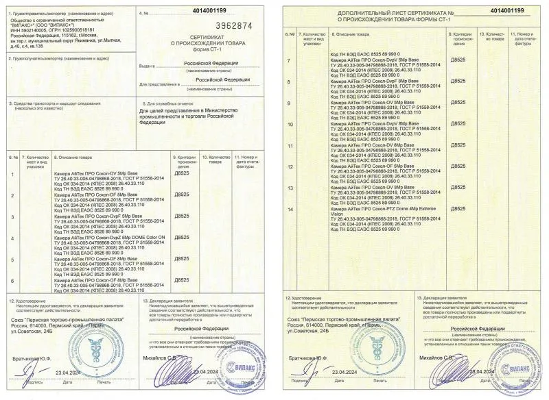 Сертификат СТ-1 о российском происхождении видеокамер модификации Сокол Base